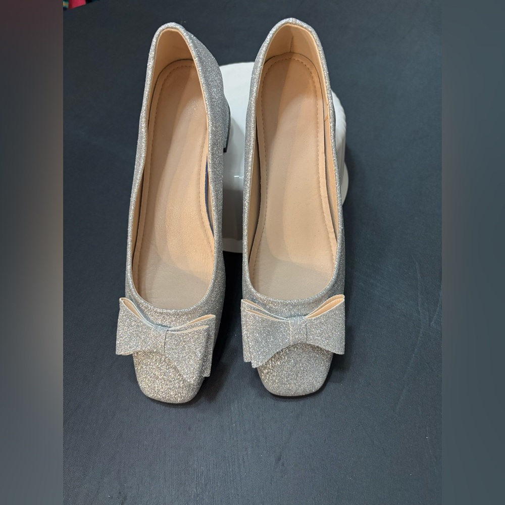 Silver Glitter Flats with Bow